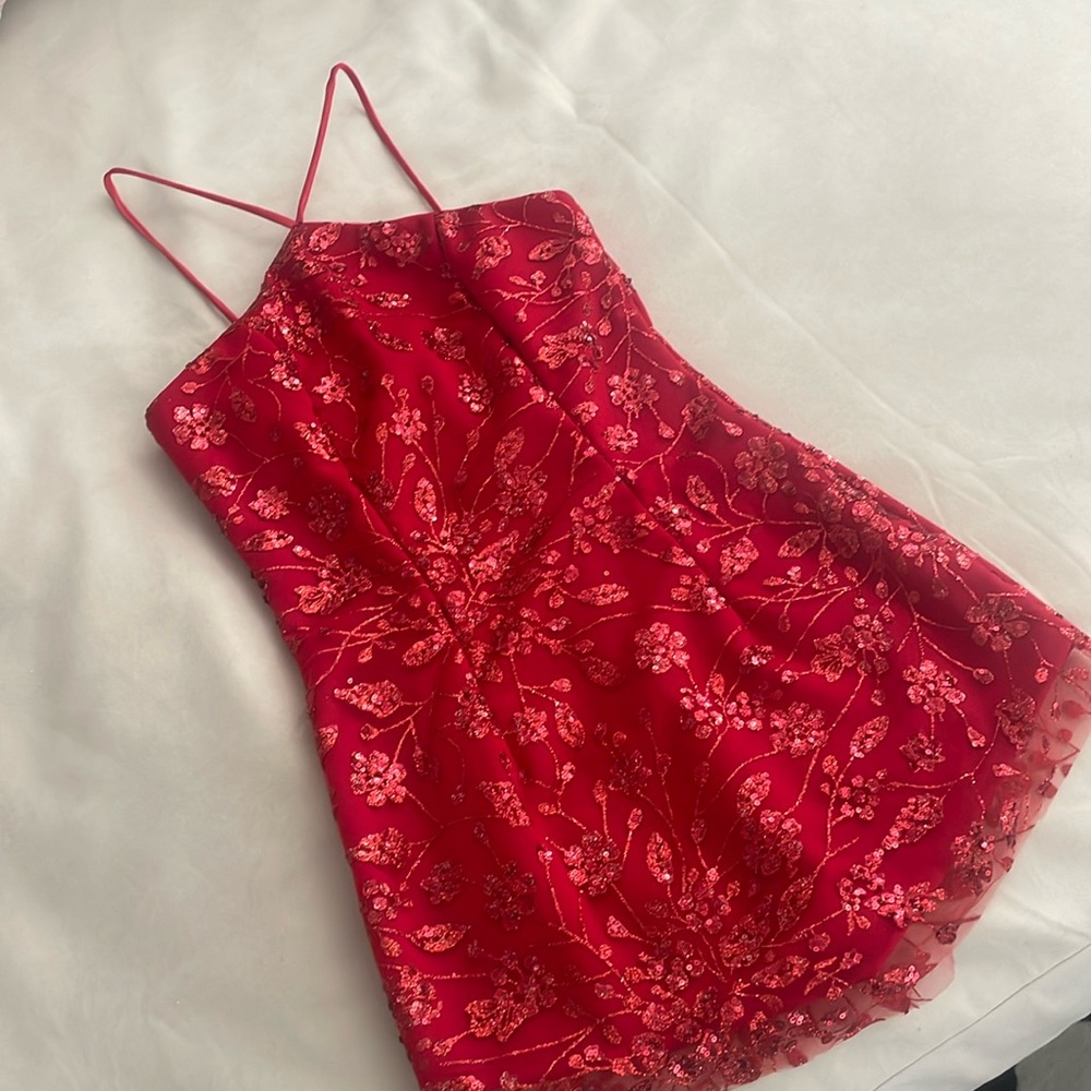 AUVORA Cherry Red Floral Elegant Halter Mini Dress